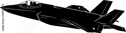 F35 fighter jet icon in a unique style, made in the form of a black silhouette, F 35 aircraft icon with cockpit and pilot silhouettes.
