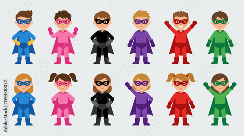 Collection of twelve cartoon superhero children, six boys and six girls, wearing colorful masks, suits, and capes in various heroic poses.