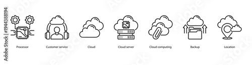 Enterprise Cloud web banner icon vector illustration featuring Processor, Customer Service, Cloud, Cloud Server, Cloud Computing, Backup, and Location.