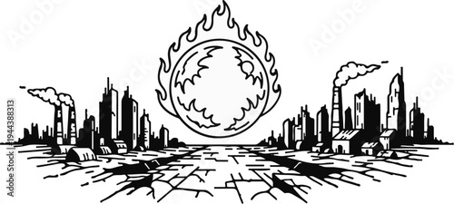 Burning planet looms over desolate cityscape with smokestacks
