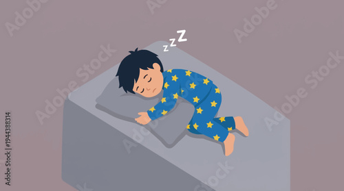 Cartoon illustration of a young child sleeping peacefully on a grey bed, wearing blue star-patterned pajamas with Zzz symbols indicating deep sleep.