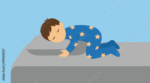 An illustration of a young child sleeping on a bed in blue star pajamas, face down on a pillow in a prone position.