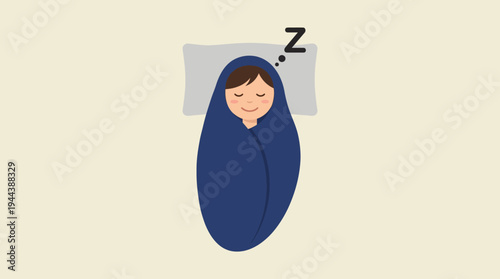 A cartoon illustration of a person sleeping soundly wrapped in a blue blanket on a pillow.