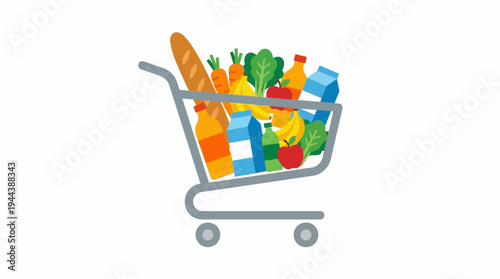 Illustration of a grey shopping cart overflowing with a variety of colorful groceries including fruits, vegetables, bread, milk, and juice bottles on a white background.