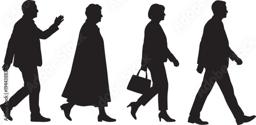 Walking people silhouettes set showing business man and woman pedestrians illustrating urban lifestyle movement and daily activity