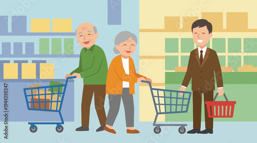 An illustration depicting an elderly couple and a younger businessman shopping in a grocery store, highlighting different generations of shoppers.