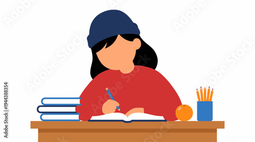 A person wearing a beanie and red sweater sits at a wooden desk, diligently writing in an open book, surrounded by stacks of books and pencils.