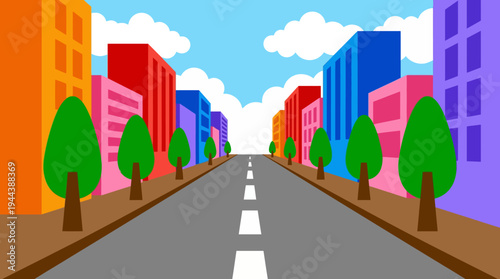 Vibrant cartoon city street with colorful buildings and green trees under a blue sky, depicting an urban landscape.