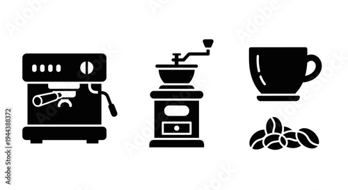 Coffee maker and coffee beans icons.