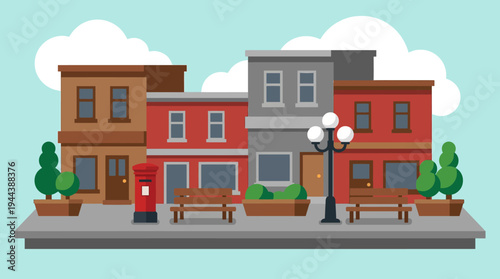 A charming flat design illustration of a vibrant street scene with colorful buildings, benches, a mailbox, and a street lamp under a cloudy sky.