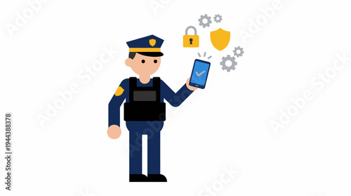Illustration of a police officer in uniform holding a smartphone with digital security and settings icons.