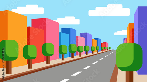 Vibrant cartoon city street with colorful buildings and green trees under a clear blue sky, rendered in a flat, minimalist style.