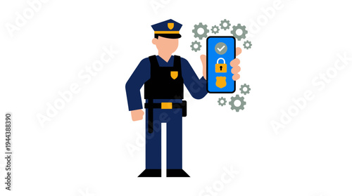 A police officer in uniform holding a smartphone with security icons and gears in the background, symbolizing digital protection.
