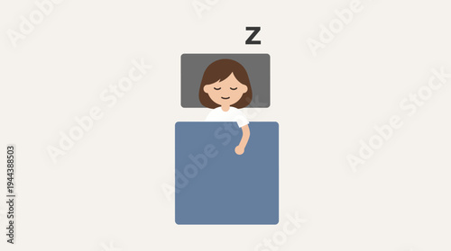 A simple cartoon illustration of a person sleeping peacefully in bed under a blue blanket with a Z symbol indicating sleep.