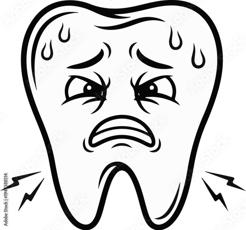 Cartoon tooth with face expressing pain, sweating and sharp pain indicators