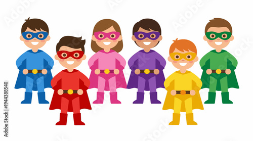 Six diverse cartoon children dressed as superheroes in colorful costumes with masks and capes, standing together and smiling.