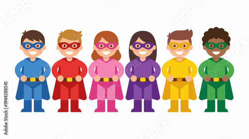 Six diverse cartoon children dressed in colorful superhero costumes with capes and masks, standing together in a row.