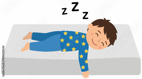 A cute cartoon boy in star pajamas sleeping soundly on a mattress with Zzz symbols.