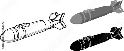 JDAM guided bomb icon set in three versions, line, isolation, silhouette in black.

