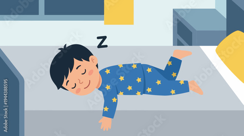 A peaceful young boy in blue star pajamas is sleeping soundly on a bed in a cozy bedroom, with a 'Z' symbol indicating deep slumber.