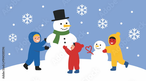 Three happy children building snowmen in a snowy winter wonderland with falling snowflakes.