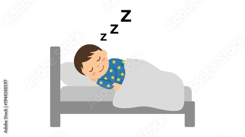 A peaceful cartoon child is sleeping soundly in a bed, wearing blue pajamas adorned with yellow stars, with "Zzz" symbols indicating deep slumber.