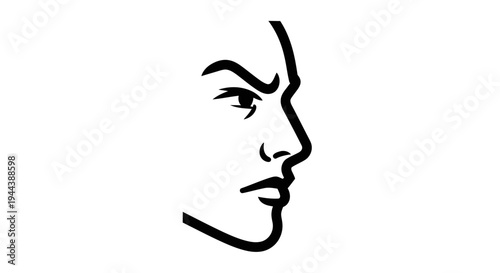 Aggressive Man Face Profile, Angry Expression, Intense Gaze, Black and White Line Art
