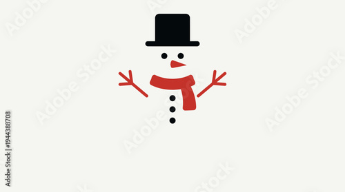 A simple, minimalist illustration of a snowman wearing a black top hat and a red scarf on a white background.