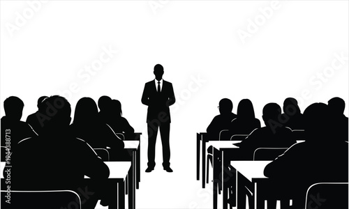 Silhouette of a man in a suit standing in front of a classroom full of students sitting at desks isolated on white background