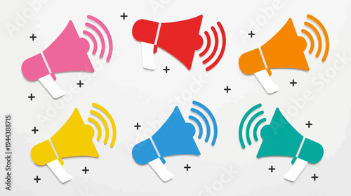 Six vibrant, colorful megaphones with sound waves, arranged on a light grey background, symbolizing communication and announcement.