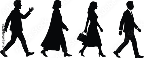 Walking people silhouettes set featuring business man and woman pedestrians illustrating urban lifestyle movement and daily activity