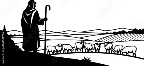 A shepherd with a staff behind whom sheep are grazing against a background of fields and hills, black line.
