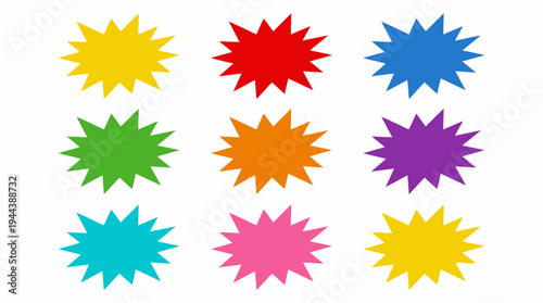A vibrant collection of nine colorful starburst shapes arranged in a grid, perfect for graphic design elements or attention-grabbing labels.