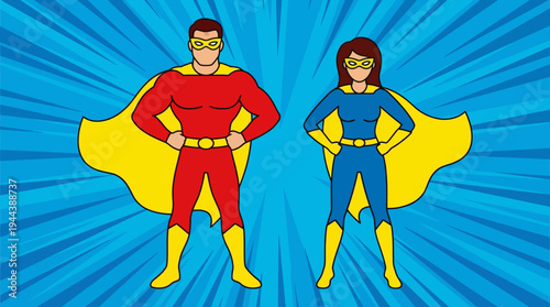 Cartoon illustration of a male and female superhero standing confidently side-by-side against a vibrant blue comic book style radial burst background.
