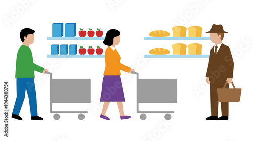 Illustration of people shopping in a grocery store aisle with carts and shelves of food items.