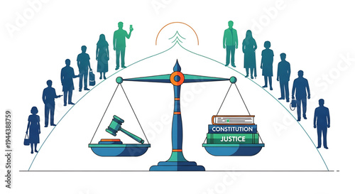 Conceptual illustration of justice scales balancing law and society, symbolizing equality, fairness, and human rights, vital for ethical governance and civic responsibility