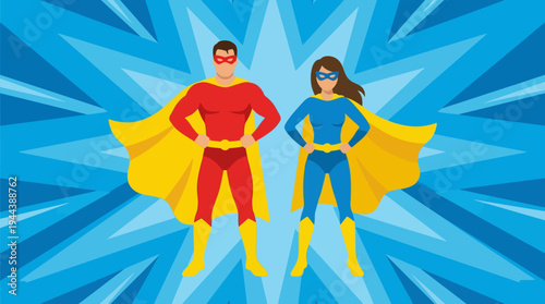 A male and female superhero duo standing confidently with capes against a dynamic blue starburst background, embodying strength and heroism.