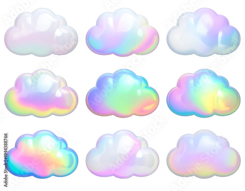 オーロラグラデーションが美しいパステルカラーの雲のぷっくりステッカーセット