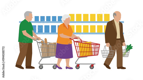 Three senior citizens shopping for groceries in a supermarket aisle, two with carts and one with a basket.