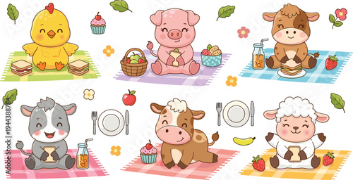 Adorable Farm Animal Picnic Set Featuring Chick, Pig, Cow, and Sheep with Snacks and Refreshments for Whimsical Illustrations