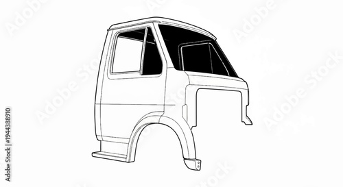 Detailed line drawing of a vehicle's front cab and wheel arch