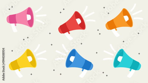Six colorful megaphones with sound waves on a light background, symbolizing announcement or communication.
