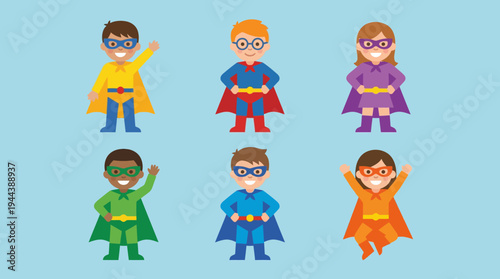 Six diverse cartoon children dressed as superheroes with colorful capes and masks on a light blue background.