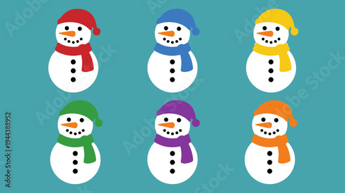 Six colorful cartoon snowmen with different hats and scarves on a teal background, representing winter and holiday cheer.
