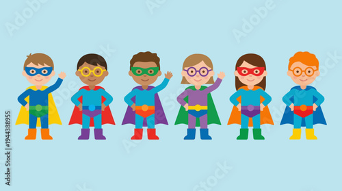 Six diverse cartoon children dressed as superheroes with masks and capes standing in a row on a light blue background.