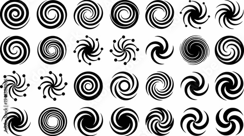 Diverse collection of black and white spiral and swirl vector icons and abstract graphic design elements, showcasing various dynamic and hypnotic patterns.