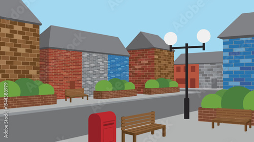 A vibrant cartoon illustration of a quaint town street scene featuring colorful buildings, benches, and a red mailbox under a clear blue sky.