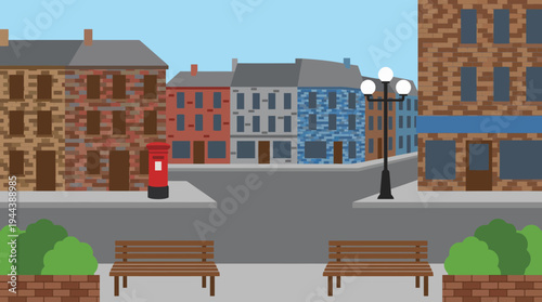 A cartoon illustration of a quiet town street with buildings, a post box, street lamp, and benches.