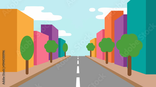 Cartoon city street with colorful buildings and green trees under a blue sky, depicting a vibrant urban landscape with perspective.