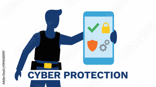 A stylized security professional holding a smartphone displaying cyber protection icons like a checkmark, padlock, shield, and gears, with 'CYBER PROTECTION' text.